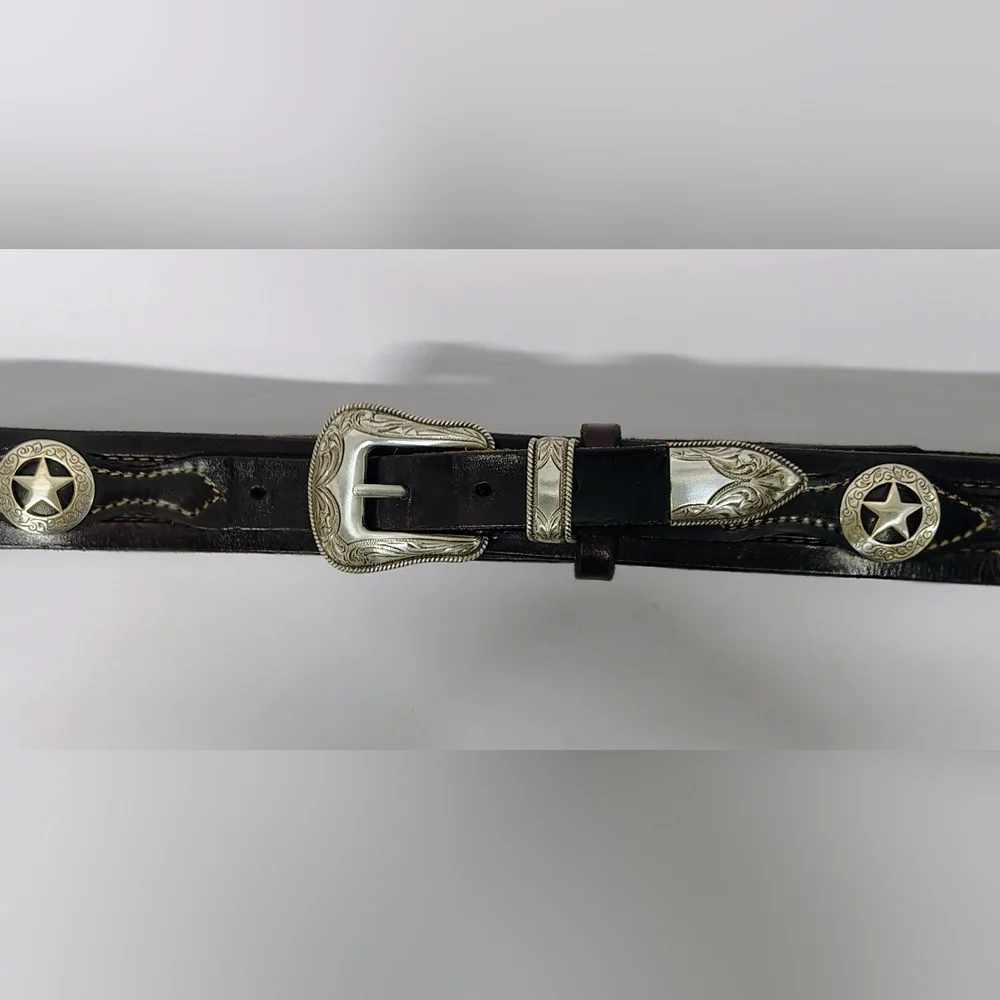 LEATHER MEN'S BELT WESTERN HANDMADE,  FILIGREE SILVER BUCKLE, ⭐ CONCHOS Sz 42-46 - Picture 12 of 15